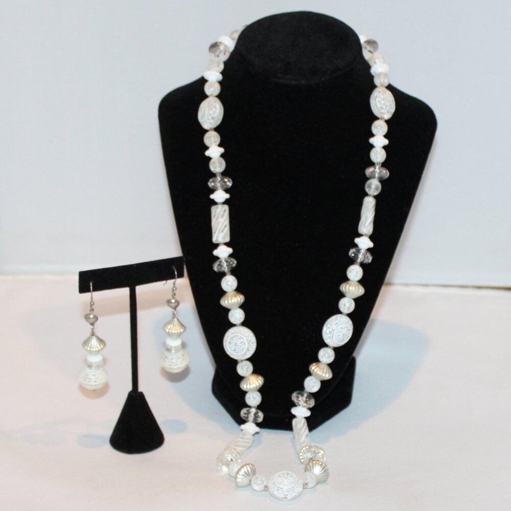 30" statement necklace & pierced earrings set silver tone, white & clear beads‎